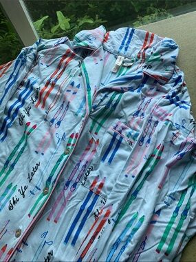 Anthropologie Light Blue Ski Print Pajama Top with Pink, Green & Blue Accents